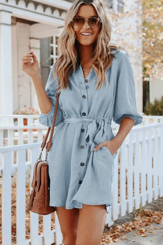 Women's Holiday Attire Limited - Time Bundle Hugo Tencel Pocketed Chambray Shirt Dress