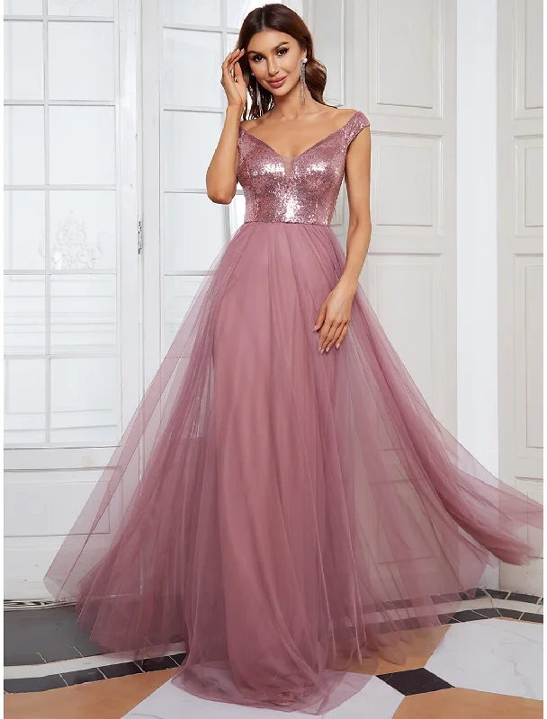 Women's Outfit Summer Splash Sale Bridesmaid Dress V Neck Sleeveless Elegant Floor Length Tulle / Sequined with Draping / Tier / Solid Color