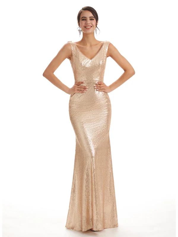 Casual Chic Women's Clothes Charming Silhouette Sparkly Sequin V-neck Floor-Length Mermaid Bridesmaid Dresses