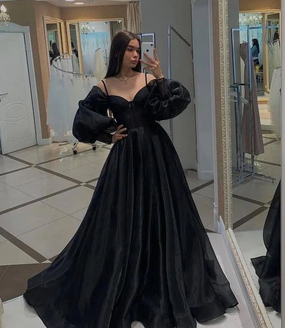 Fashion-Forward Women's Clothing Feminine Charm Black Long Sleeves Prom Dresses,Organza Formal Dresses,Party Dress with Train Y4418