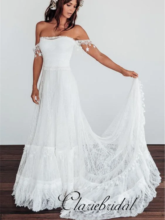 Women's Romantic Outfit Casual Weekend Relaxed Style Off Shoulder Boho Lace Long Wedding Dresses