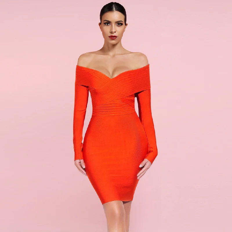 Women's Versatile Apparel Seasonal Trend Off Shoulder Long Sleeve Striped Midi Bandage Dress PF091805