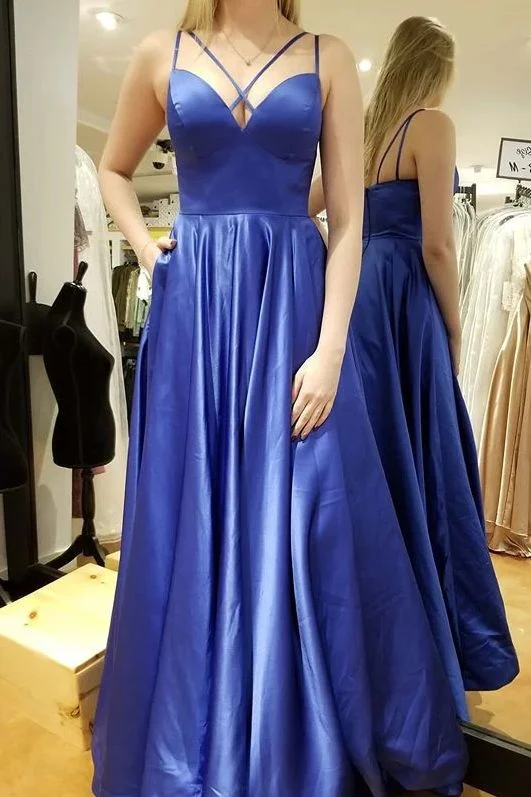 Women's Effortless Casual Outfit Clearance Event Simple Blue Long Prom Dress, A-line Satin Pockets Evening Gown        cg23050