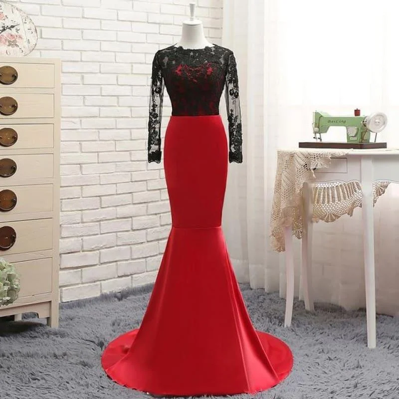 Women's Formal Apparel Flash Deals Red Satin With Black Lace Long Sleeve Evening Dress