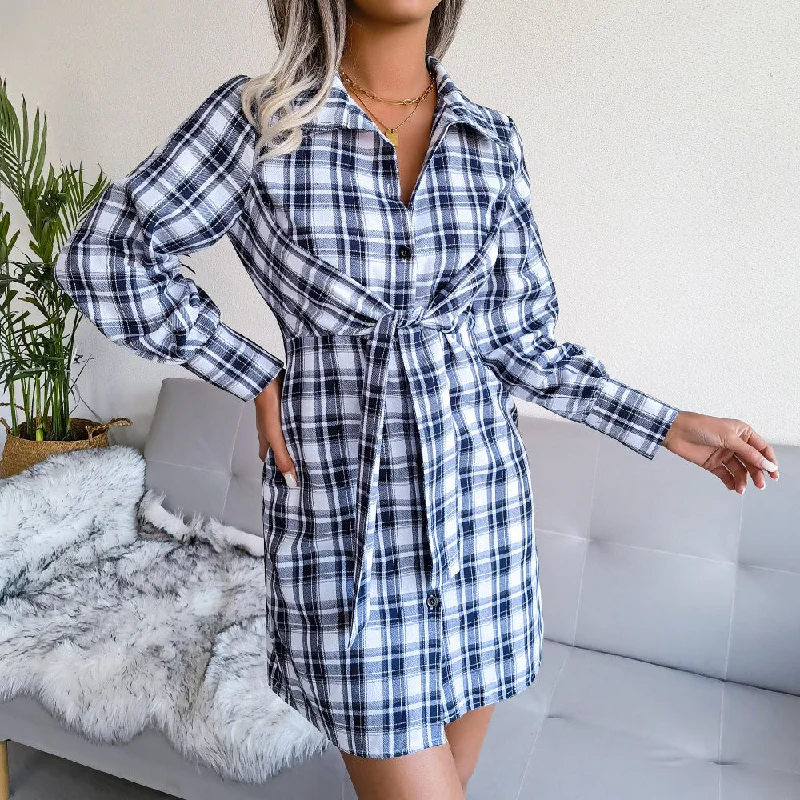 Formal Garments For Women Spring Fling Sale Klay Cotton Plaid Button Down Shirt Dress - Blue - FINAL SALE