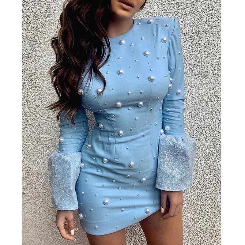 Tailored Clothing For Women Soft Textures FashionSierra - Women Pearls Beading Dress Long Sleeve O Neck Blue Mini Party Dresses Winter Beaded Bell Cuff Bodycon Dresses Vestidos