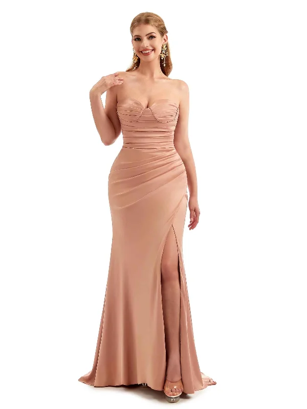 Women's Clothes For The Office Refined Simplicity Strapless Sweetheart Sexy Side Split Stretch Satin Bridesmaid Dresses Online