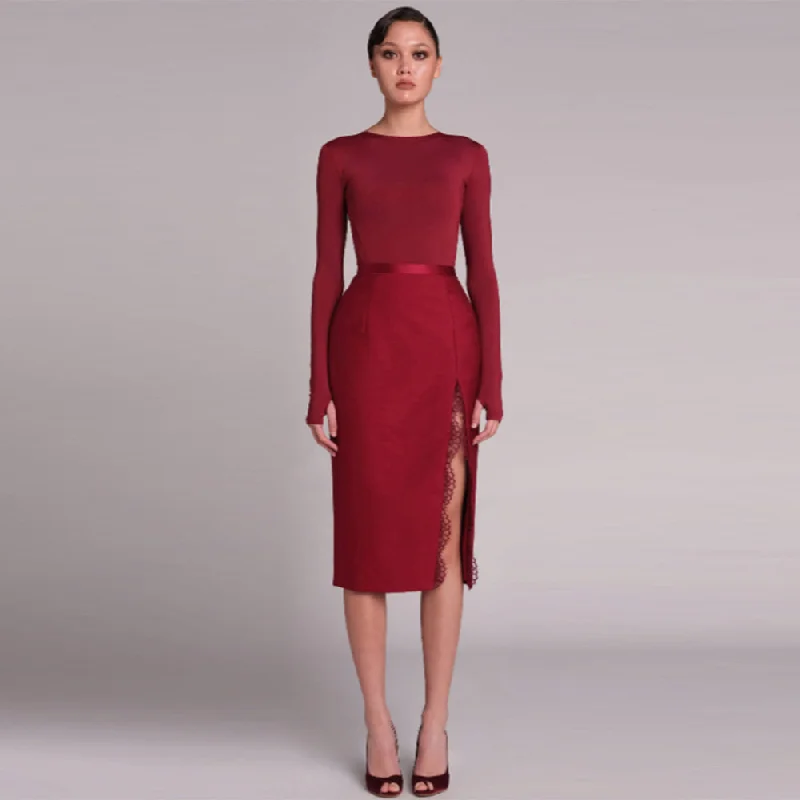 Women's Seasonal Clothes Casual Weekend Relaxed Style Round Neck Long Sleeve Slit Midi Bandage Dress PD23216