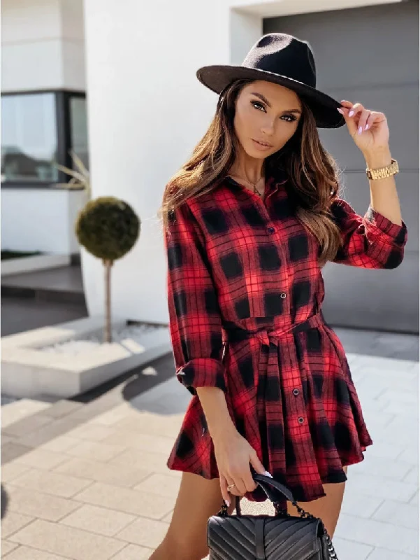 Women's Resort Garments Feminine Elegance Riana Cotton Plaid Tie Shirt Dress - Navy - FINAL SALE