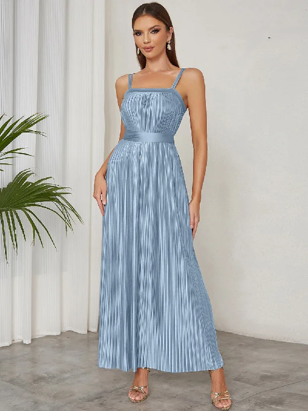 Women's High-Fashion Attire Subtle Sophistication Strappy Sleeveless Pleated Maxi Bodycon Dress HB01590