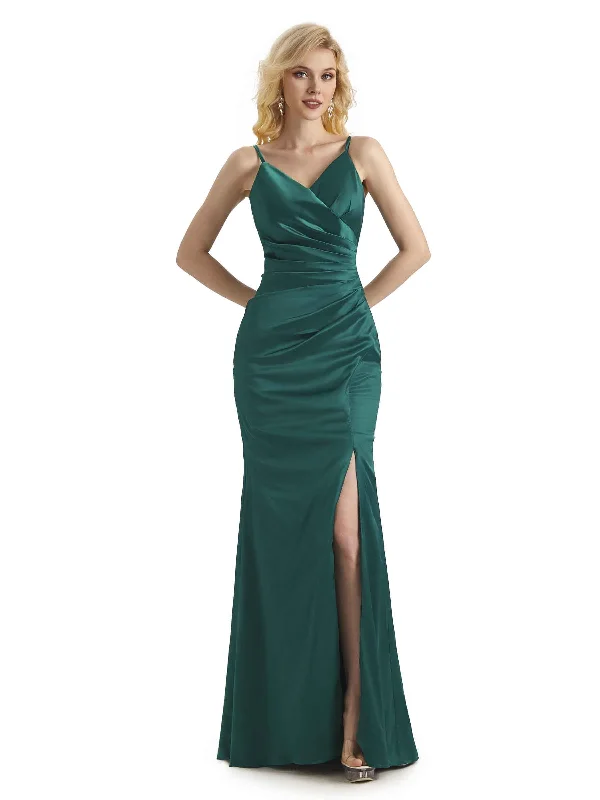 Women's Garments Mother's Day Special Sexy Soft Satin Side Slit V-neck Long Mermaid Bridesmaid Dresses Online