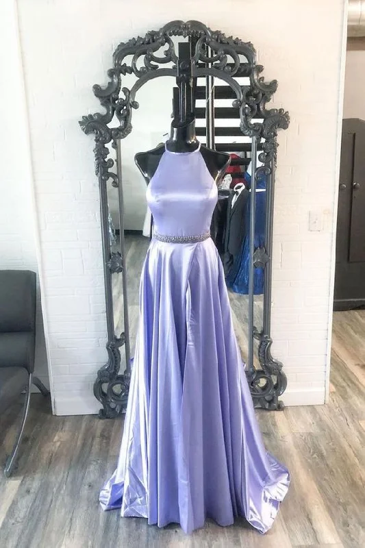 Formal Garments For Women Dreamy Draping New Brand Lavender Satin A Line O Neck Long Prom Dress, Party Dresses    cg22072