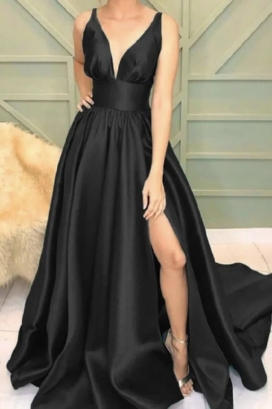 Women's Comfy Attire For Lounging Classic Charm black satin split prom dresses    cg22359