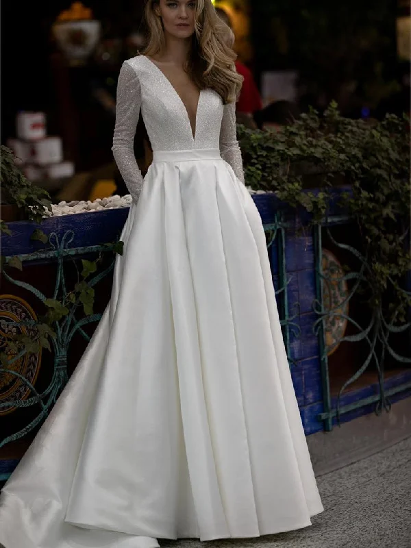 Women's Transitional Attire Romantic Date - Night Ensemble V-neck Long Sleeves Sparkle Satin Wedding Dresses, Elegant Wedding Dresses, Bridal Gown