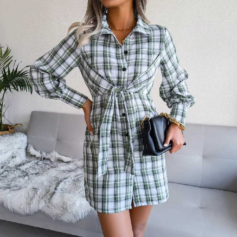 Women's Outerwear Garments Lighten Up with Nordic Styles Klay Cotton Plaid Button Down Shirt Dress - Green