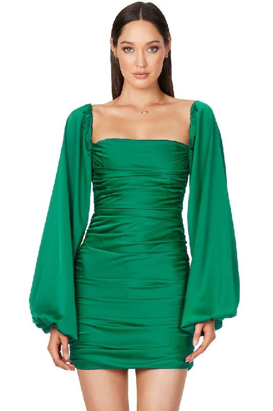 Plus-Size Women's Garments Coastal Beach - Inspired Style Silky Satin Square Neck Bishop Sleeve Ruched Party Mini Dress - Green