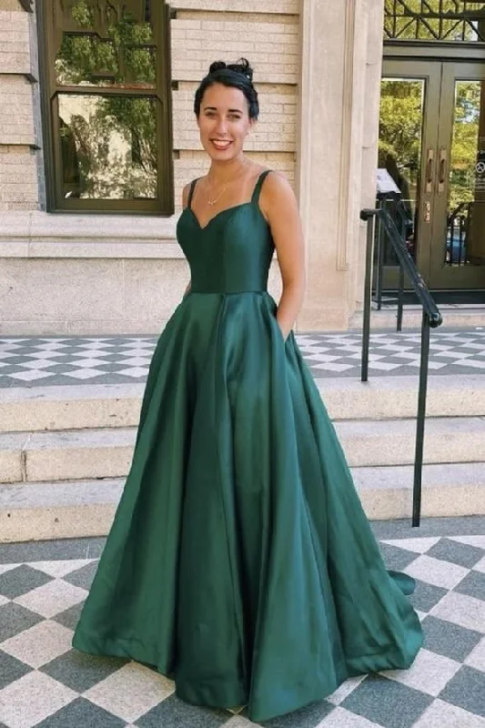 Women's Holiday Attire Soft Textures Green satin long A line prom dress evening dress     cg22709