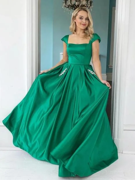 Women's Casual Attire Mother's Day Special Charming A-Line Scoop Neck Cap Sleeve Green Satin Prom Dresses with Beaded Pockets      cg22901