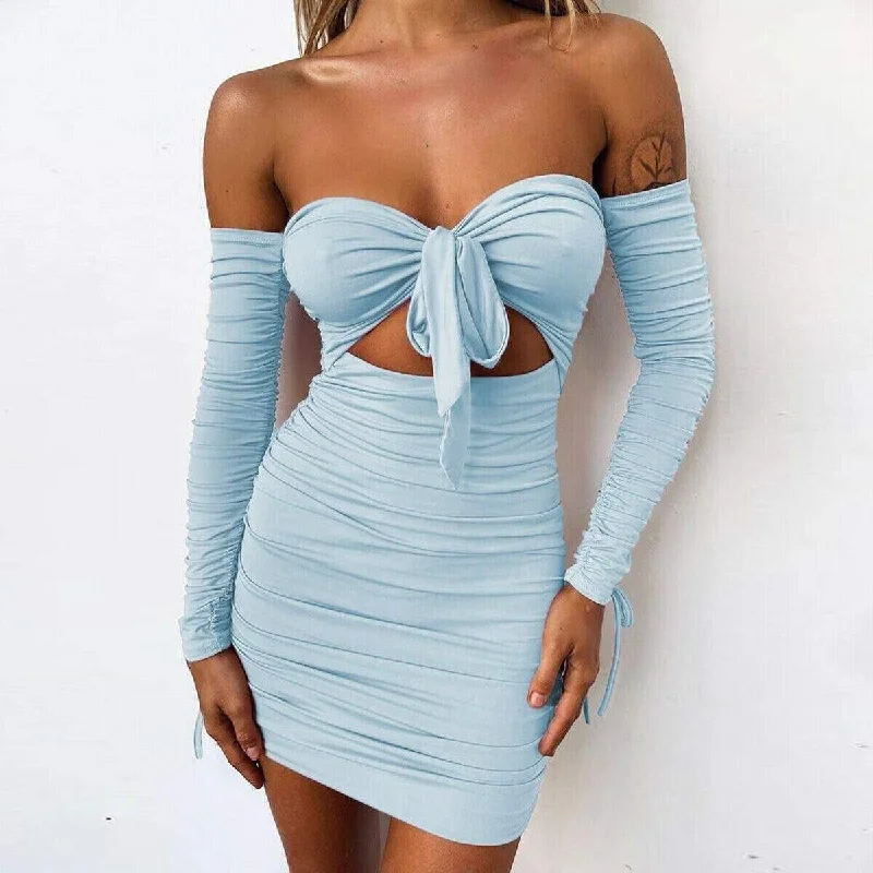 Women's Workout Clothing Limited Quantities FashionSierra - Women Bodycon Dress Off Shoulder Long Sleeve Hollow Out Solid Clubwear Party Ladies Casual Slim Mini Dress