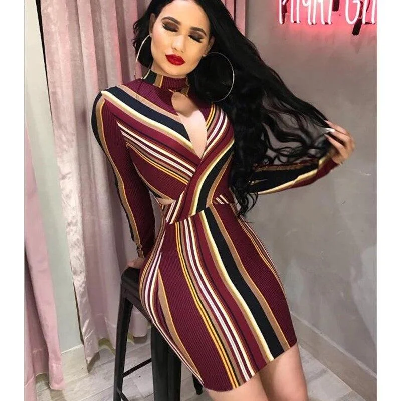 Women's Relaxed Outfit Coastal Beach - Inspired Style FashionSierra - Women Stripe O-Neck Long Sleeve Bodycon Evening Party Backless Sexy Short Mini Dress Mix Color Striped Dress