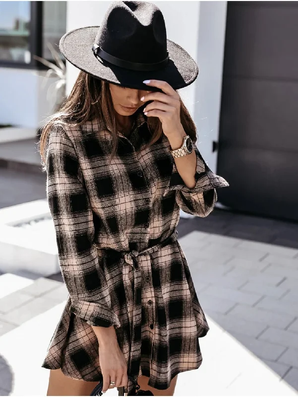 Women's Travel Attire Cottagecore Rustic Charm Style Granton Cotton Blend Plaid Button Down Shirt Dress