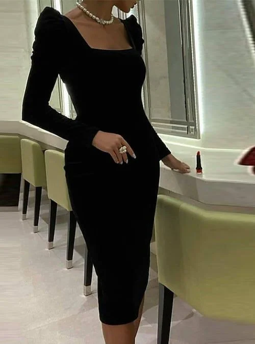 Formal Outfit For Women Luxe Layering Sheath / Column Elegant Sexy Cocktail Party Dress Square Neck Long Sleeve Knee Length Short Prom Dress Y4194