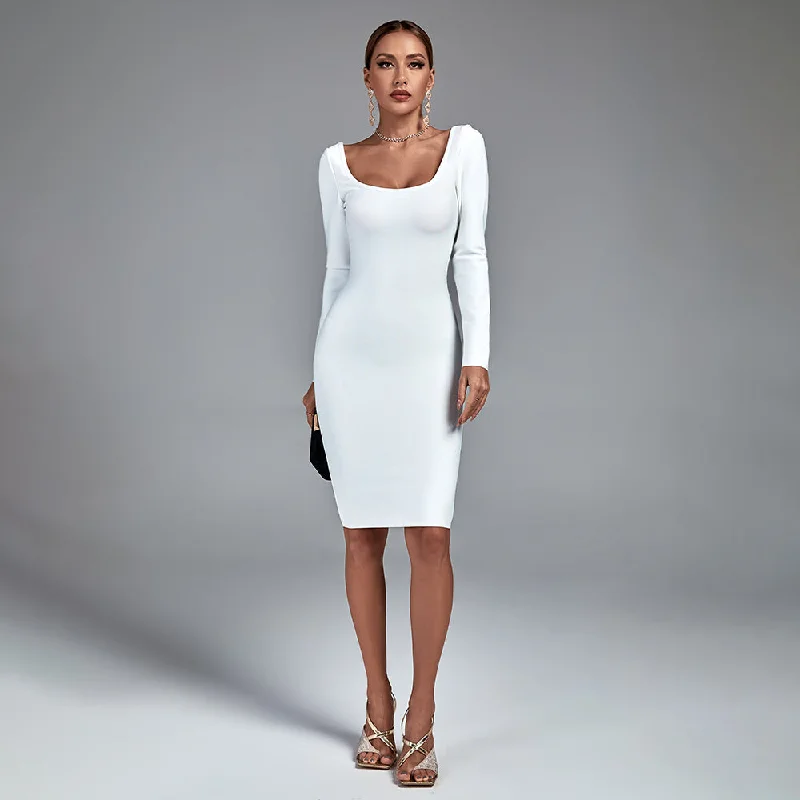 Casual Chic Women's Clothes Big Savings on Minimalist Office Styles Square Collar Long Sleeve Plain Midi Bandage Dress PP21527