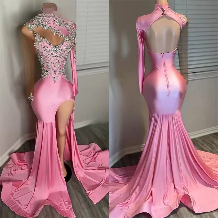 Women's Outerwear Garments Charming Silhouette Luxury Pink Long Prom Dress Long Sleeves Evening Dresses Bead Crystals High Neck Birthday Dress Customized