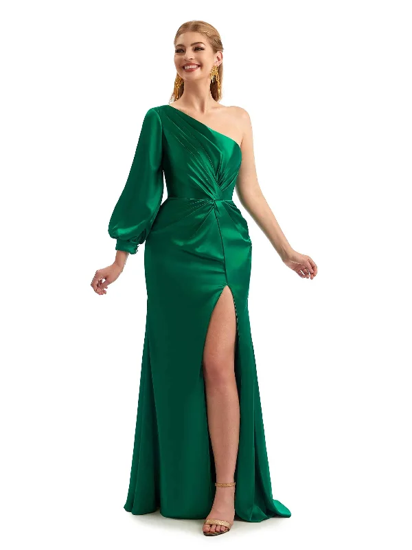 Women's Clothing For Outdoor Events Limited - Time Bundle Elegant One Shoulder Long Sleeves Side Split Long Satin Bridesmaid Dresses Online