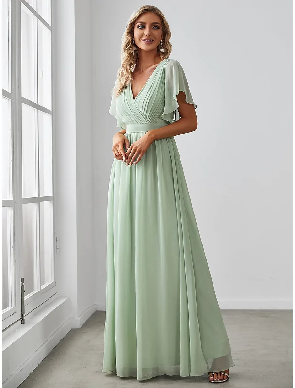 Women's Work Outfit Anniversary Sale A-Line Bridesmaid Dress V Neck Short Sleeve Elegant Stretch Chiffon with Ruffles / Solid Color