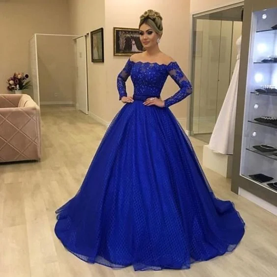 Women's Athletic Apparel Now on Sale for Chic Urban Styles Royal blue prom dresses, off the shoulder prom dresses, long sleeve prom dresses  S17004