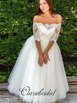 Women's Resort Attire Spring Fling Sale Off Shoulder Half Sleeves A-line Ivory Tulle Long Wedding Dresses