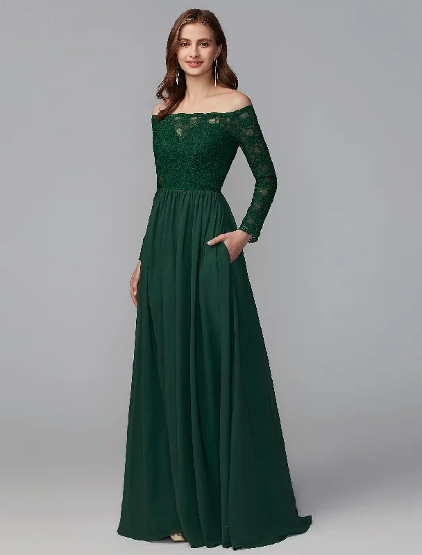 Women's Casual Clothing For Lounging Buy More, Save More A-Line Bridesmaid Dress Off Shoulder Long Sleeve Elegant Floor Length Chiffon / Lace with Lace