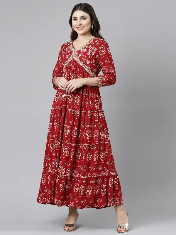 Women's Attire Feminine Charm Neeru's Maroon Straight Casual Printed Gown