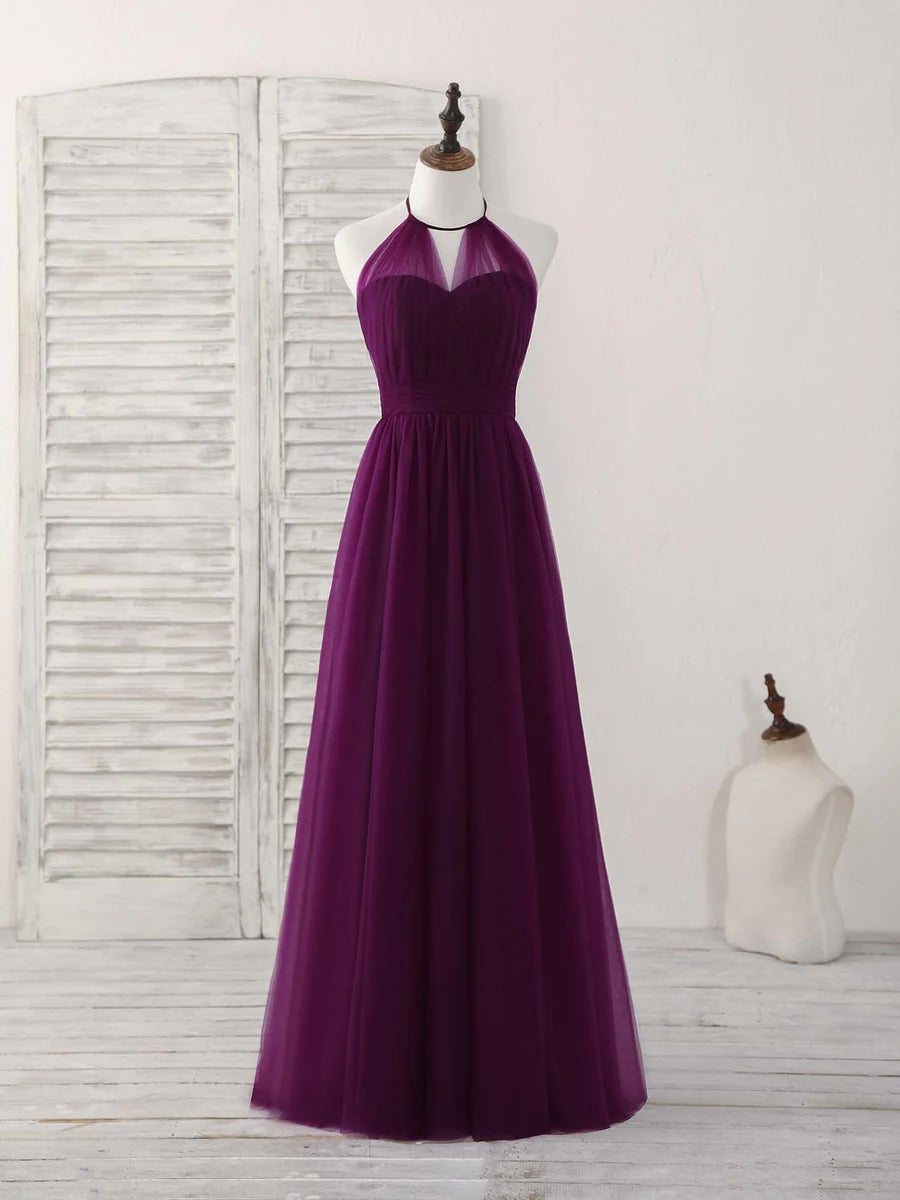 Elegant Women's Evening Garments Feminine Flow Simple Tulle A-Line Purple Long Prom Dress Halterneck Floor-length Bridesmaid Dress