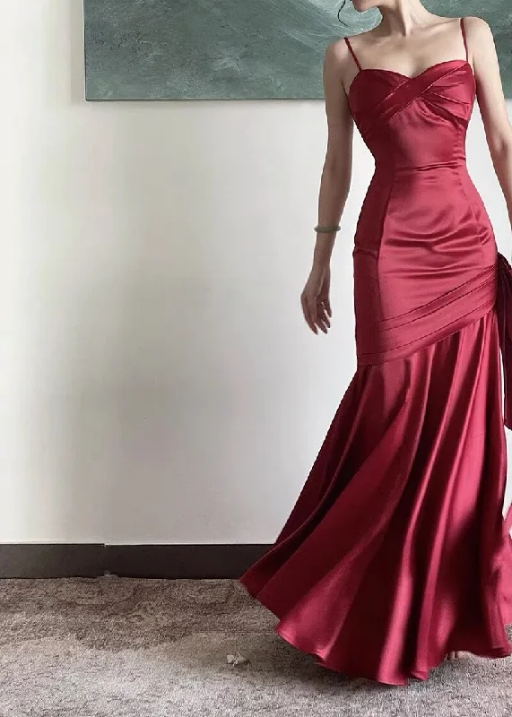 Women's Activewear Outfit Ethnic Cultural Event Wear Vintage Sheath Straps Burgundy Satin Long Prom Dresses D068