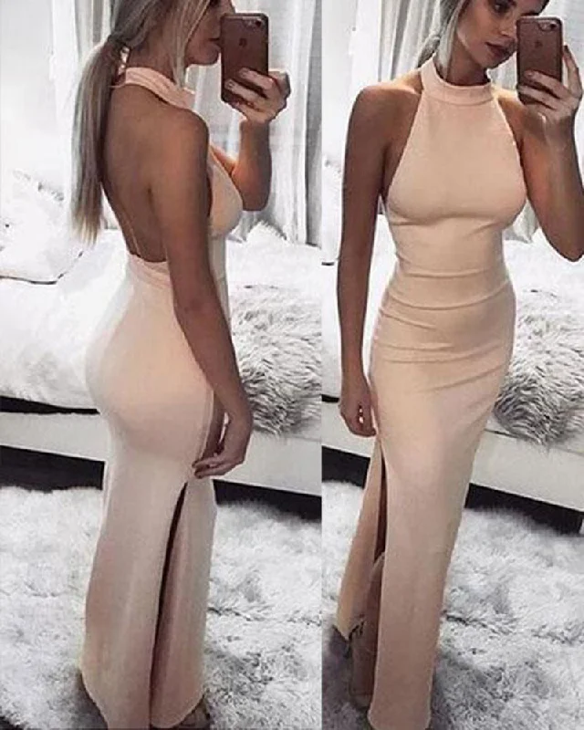 Chic Women's Outfit Dreamy Draping Satin Mermaid Halter Blush Pink Long Evening Gown PL116