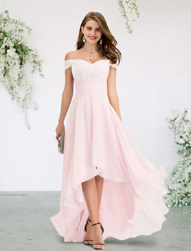 Women's Fashionable Clothing Sets Discounts on Casual Weekend Styles A-Line Bridesmaid Dress Off Shoulder Short Sleeve Elegant Sweep / Brush Train / Asymmetrical Chiffon / Lace with Appliques