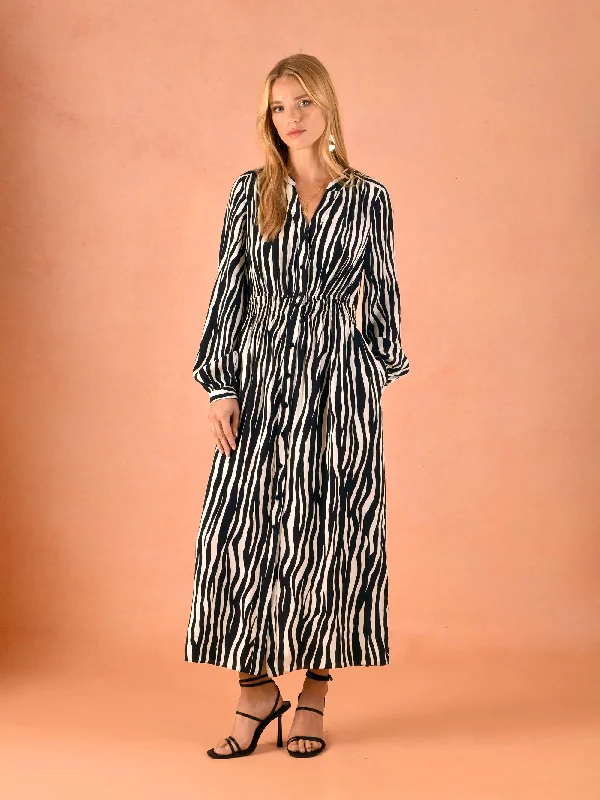 Women's Elegant Formal Outfit Disco - Inspired Retro Dance Look Zebra Print Shirred Waist Shirt Dress