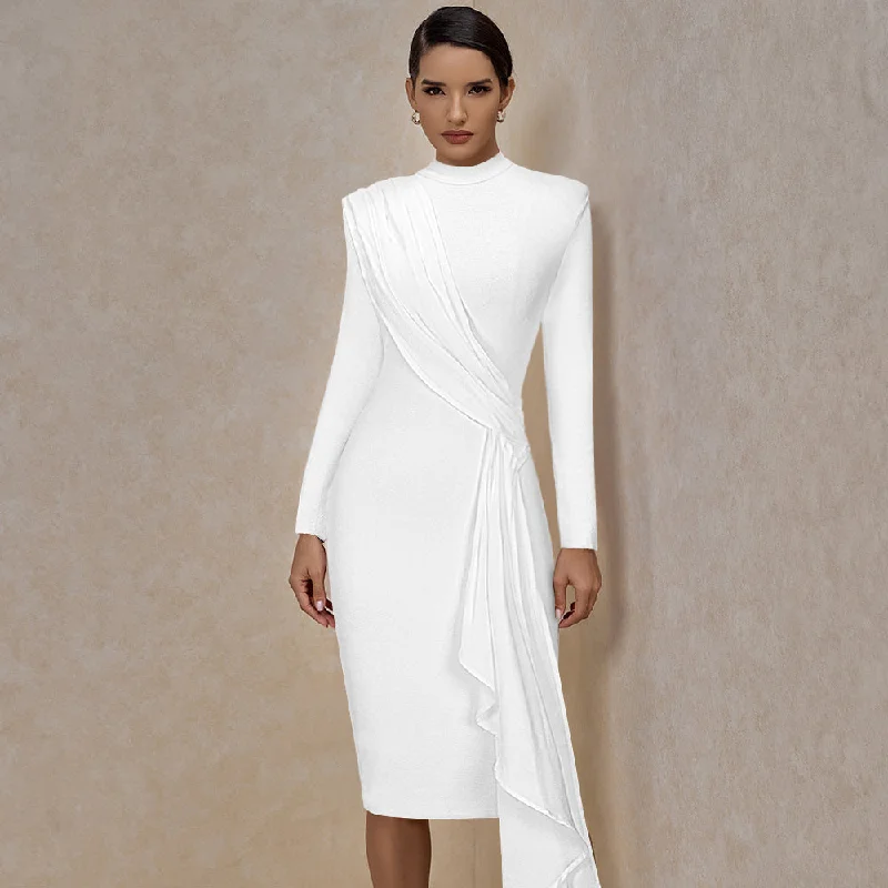 Women's Plus-Size Clothes Contemporary Elegance White Round Neck Long Sleeve Frill Midi Bandage Dress PP20007