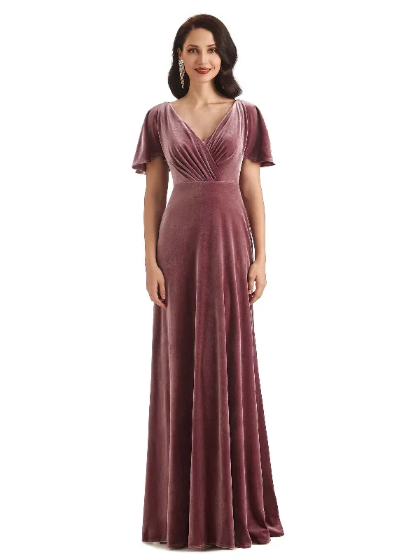 Women's Trendy Clothes Feminine Charm Sexy See Through V-neck Short Sleeves Velvet Long Bridesmaid Dresses Online