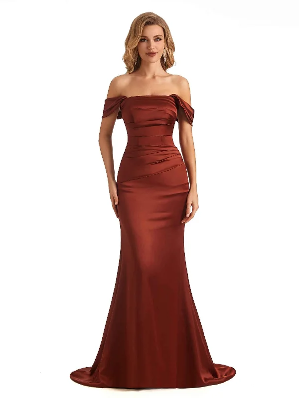 Women's Plus-Size Clothes Clearance Event Simple Off The Shoulder Soft Satin Long Mermaid Bridesmaid Dresses Online