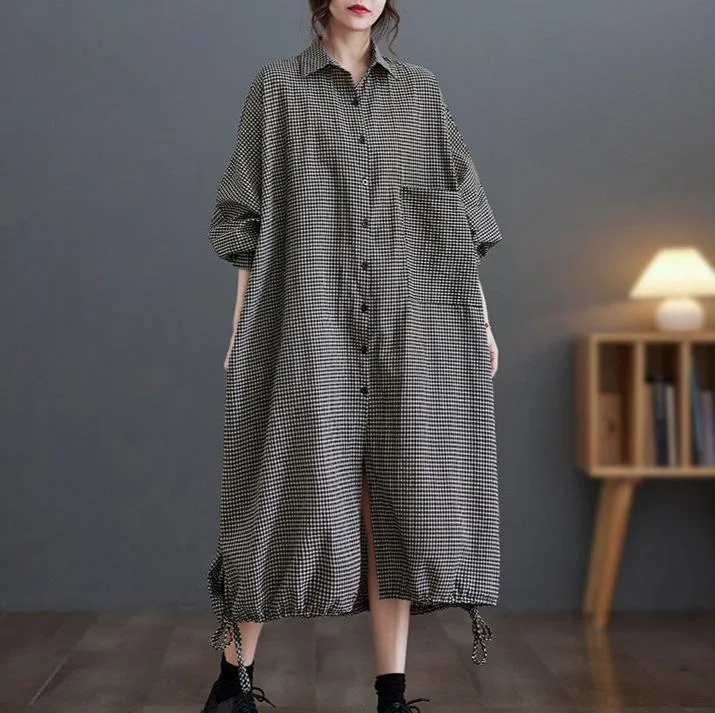 Elegant Women's Evening Garments Classic Charm Loose Plaid Drawstring Cotton Shirt Dresses