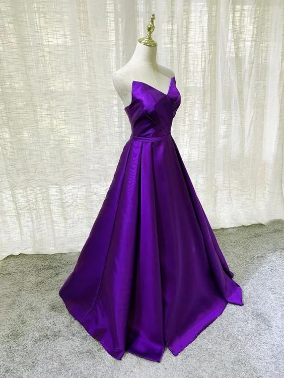 Women's Tailored Outfit Limited - Edition Drops Purple Satin A-line Simple Floor Length Evening Dress Formal Dress, Dark Purple Prom Dresses       cg23443