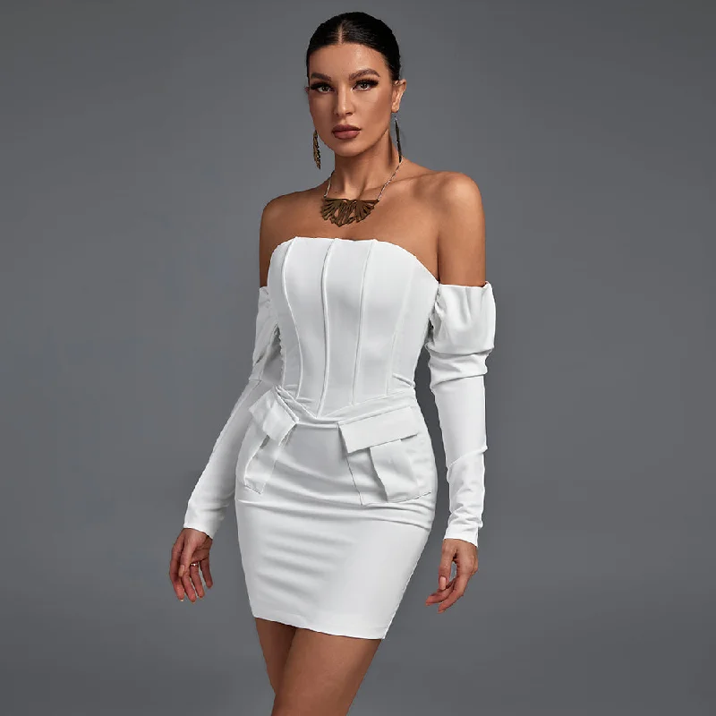 Women's Contemporary Apparel Effortless Comfort Off Shoulder Long Sleeve Striped Mini Bandage Dress FP21426