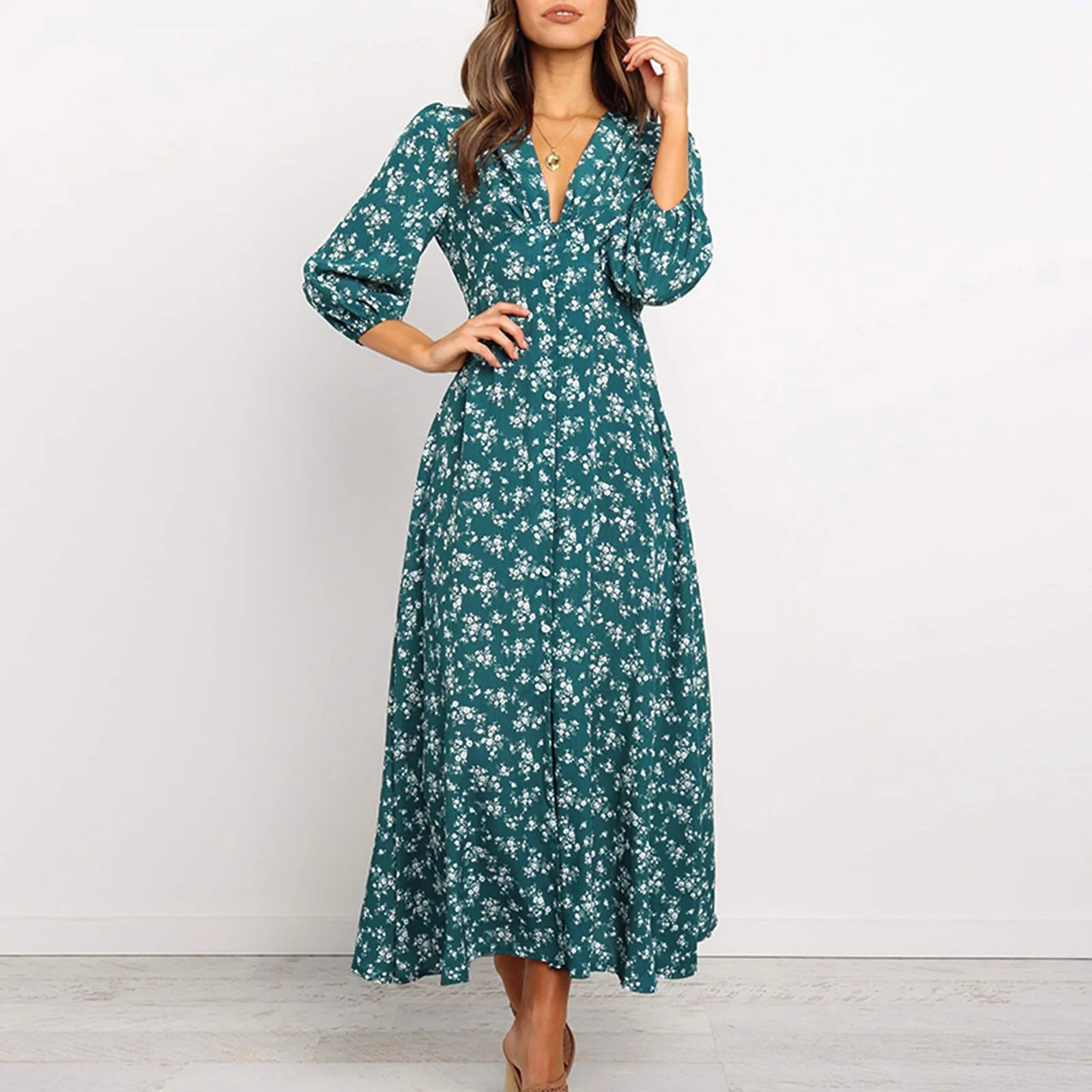 Stylish Women's Garments Romantic Detailing Offer Liquidation V-Neck Long Sleeved High Waisted Chiffon Print Holiday Women's Boho Dress