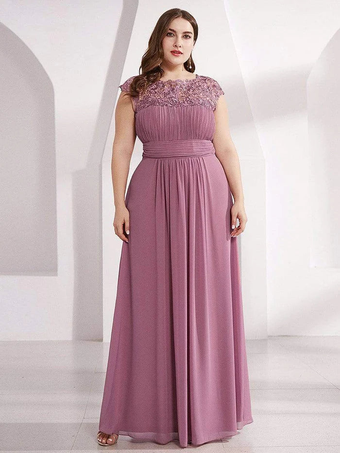 Stylish Women's Garments Flowy Fabric Plus Size Elegant Maxi Long Lace Cap Sleeve Bridesmaid Dress