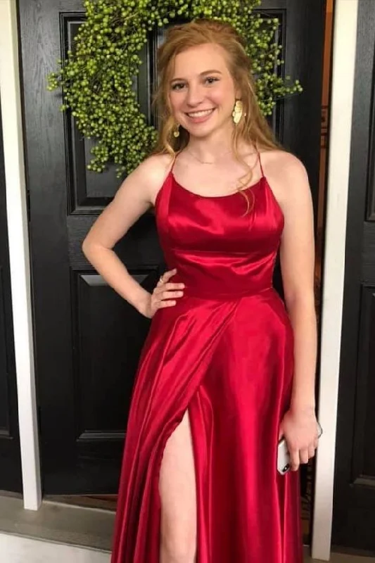 Women's Clothing For Everyday Wear Mid - Season Sale simple straps red long prom dress side slit satin formal dress    cg20816