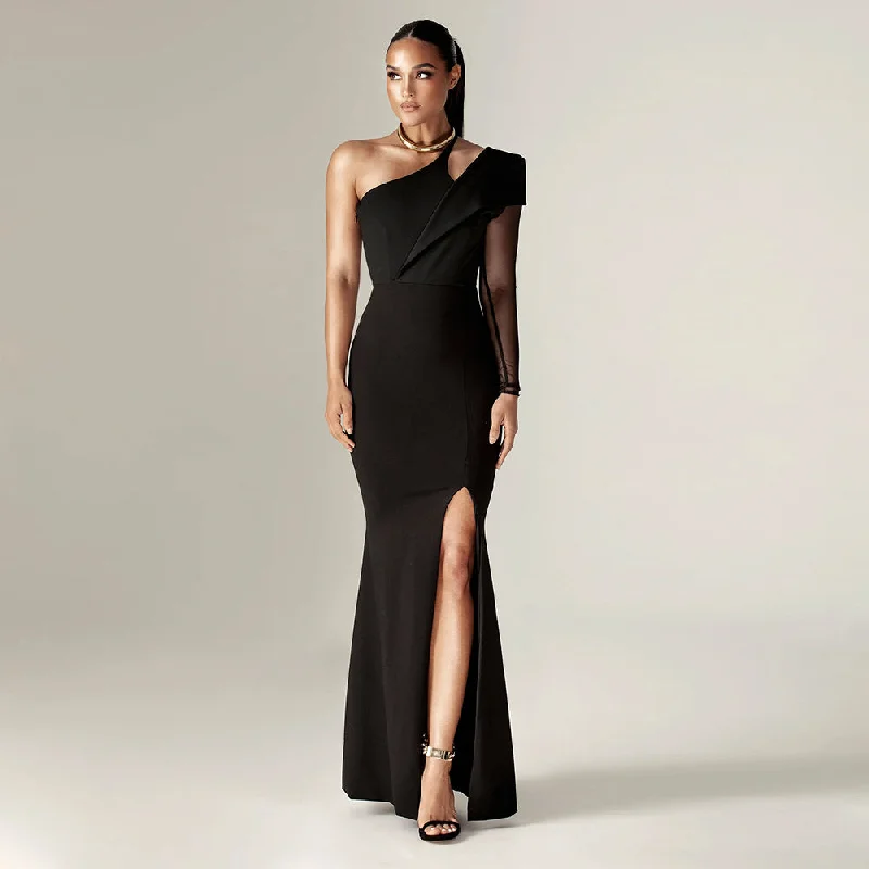 Affordable Women's Apparel Nordic Minimalist Home Look One Shoulder Long Sleeve Slit Maxi Bodycon Dress PF23201