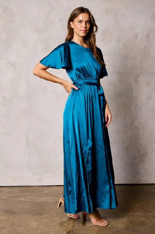 Women's Holiday Apparel Beat the Heat in Tropical Styles The Tiffany Dull Satin Slit Dress in Teal FINAL SALE